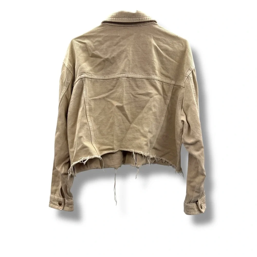 Zara Cropped Denim Jacket Womens XL Tan‎ Raw Hem Boxy Utility Button Front